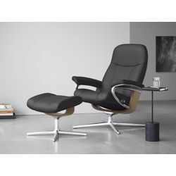 Relaxsessel STRESSLESS "Consul", grau (rock paloma), B:82cm H:102cm T:72cm, Leder PALOMA: PALOMA ist ein durchgefärbtes Semianilin-Möbelleder mit natürlicher Narbung., Sessel, mit Hocker, mit Cross Base, Größe S, M & L, Holzakzent Eiche