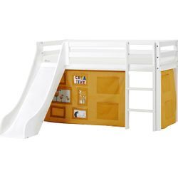 Hochbett HOPPEKIDS "«Creator Autumn Yellow»", weiß (weiß, autumn gelb, weiß, weiß), B:81cm H:9cm L:168cm, Bett: 100% Massivholz, Nordische Kiefer, Rutsche: MDF, Vorhang: 100% Baumwolle, Matratze: Waterlily-Schaum mit vertikalen Lüftungsschlitzen, Matratzenbezug: 23% Bambus, 77% Polyester, gesteppt mit Thermowolle, Hochbetten, Hochbett, Rutsche & Vorhang Gelb und viel Auswahl