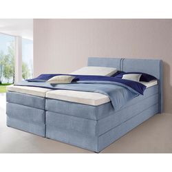 Boxspringbett HAPO, blau (hellblau, strukturstoff), Liegefläche B/L: 200cm x 200cm, kein Härtegrad, 7-Zonen-Tonnentaschen-Federkernmatratze, Kopfteil, seitliche Unterbox und Obermatratze sind mit pflegeleichtem Feinstrukturstoff in Leinenoptik (100% Polyester) oder Kunstleder bezogen, Die Oberseite der Unterfederung und die Ober- und Unterseite der Obermatratze sind jeweils mit einem rutschhemmend