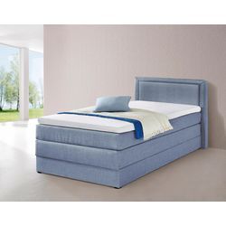 Boxspringbett HAPO, blau (hellblau), Liegefläche B/L: 100cm x 200cm, kein Härtegrad, 7-Zonen-Tonnentaschen-Federkernmatratze, Kopfteil, seitliche Unterbox und Obermatratze sind mit pflegeleichtem Feinstrukturstoff in Leinenoptik (100% Polyester) bezogen, Die Oberseite der Unterfederung und die Ober- und Unterseite der Obermatratze sind jeweils mit einem rutschhemmenden Stoff aus 100% Polyester bes