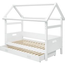 Hausbett THUKA "Nordic Kinderbett, Spielbett, Daybett" Betten Gr. Hausgestell-Hintere Absturzsicherung in MDF-Ausziehbett, Liegefläche B/L: 90cm x 200cm H: 183,6cm, kein Härtegrad, weiß Baby Kinderbett bester Qualität, Haus Gestell, umbaubar in Einzelbett