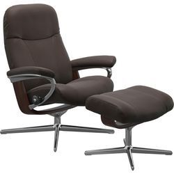 Relaxsessel STRESSLESS "Garda", braun (braun batick), B:91cm H:102cm T:79cm, Leder BATICK: BATICK ist ein leicht korrigiertes, durchgefärbtes und genarbtes Möbelleder, bei dem die meisten Unebenheiten und Spuren in der Regel entfernt wurden., Sessel, mit Cross Base, Größe M & L, Holzakzent Braun