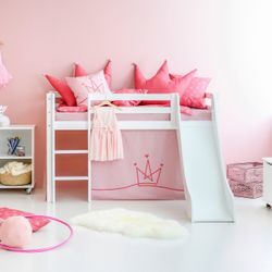 Hochbett HOPPEKIDS "«Princess»", weiß (weiß, pale rose, weiß, weiß), B:81cm H:9cm L:168cm, Bett: 100% Massivholz, Nordische Kiefer, Rutsche: MDF, Vorhang: 100% Baumwolle, Matratze: PU-Schaum, Matratzenbezug: 100% Baumwolle, Hochbetten, Hochbett, Rutsche & Vorhang Rosa und viel Auswahl