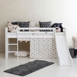 Hochbett HOPPEKIDS "«Pets Natur»", weiß (weiß, pristine, weiß, weiß), B:101cm H:9cm L:208cm, Bett: 100% Massivholz, Nordische Kiefer, Rutsche: MDF, Vorhang: 100% Baumwolle, Matratze: Waterlily-Schaum mit vertikalen Lüftungsschlitzen, Matratzenbezug: 23% Bambus, 77% Polyester, gesteppt mit Thermowolle, Hochbetten, Hochbett, Rutsche & Vorhang Grau und viel Auswahl