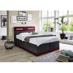 Boxspringbett, rot (bordeaux, anthrazit), Kaltschaum-Topper, Liegefläche B/L: 140cm x 200cm, H2, Bonnell-Federkernmatratze, Bezug Obermatratze 100% Polyester, waschbar bis 60u00b0C, Bezug Unterbox und Kopfteil: Mikrofaservelours (100% Polyester), WESTFALIA SCHLAFKOMFORT, Komplettbetten, Boxspringbett, mit LED-Beleuchtung