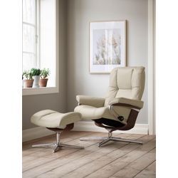 Relaxsessel STRESSLESS "Mayfair", beige (cream batick), B:79cm H:102cm T:73cm, Leder BATICK: BATICK ist ein leicht korrigiertes, durchgefärbtes und genarbtes Möbelleder, bei dem die meisten Unebenheiten und Spuren in der Regel entfernt wurden., Sessel, mit Hocker, mit Cross Base, Größe S, M & L, Holzakzent Braun