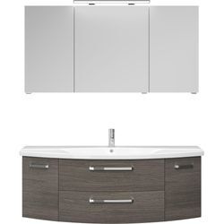 Badmöbel-Set SAPHIR "Serie 4010 2-teilig Keramik-Waschtisch mit LED-Spiegelschrank", grau (graphit sruktur quer nachbildung), B:144cm H:200cm T:49,5cm, Spanplatte, Kastenmöbel-Sets, Badezimmer Set 144 cm breit, inkl. Türdämpfer, 5 Türen, 2 Schubladen