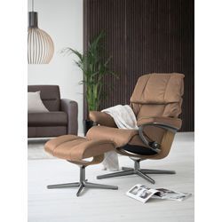 Relaxsessel STRESSLESS "Reno", braun (latte batick), B:83cm H:100cm T:76cm, Leder BATICK: BATICK ist ein leicht korrigiertes, durchgefärbtes und genarbtes Möbelleder, bei dem die meisten Unebenheiten und Spuren in der Regel entfernt wurden., Sessel, mit Cross Base, Größe S, M & L, Holzakzent Eiche