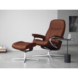 Relaxsessel STRESSLESS "Consul", braun (copper paloma), B:91cm H:102cm T:79cm, Leder PALOMA: PALOMA ist ein durchgefärbtes Semianilin-Möbelleder mit natürlicher Narbung., Sessel, mit Hocker, mit Cross Base, Größe S, M & L, Holzakzent Braun