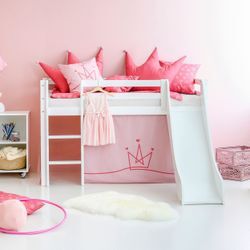 Hochbett HOPPEKIDS "«Princess»", weiß (weiß, pale rose, weiß, weiß), B:81cm H:9cm L:168cm, Bett: 100% Massivholz, Nordische Kiefer, Rutsche: MDF, Vorhang: 100% Baumwolle, Matratze: Waterlily-Schaum mit vertikalen Lüftungsschlitzen, Matratzenbezug: 23% Bambus, 77% Polyester, gesteppt mit Thermowolle, Hochbetten, Hochbett, Rutsche & Vorhang Rosa und viel Auswahl