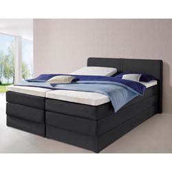 Boxspringbett HAPO, schwarz (schwarz, kunstleder), Liegefläche B/L: 160cm x 200cm, kein Härtegrad, 7-Zonen-Kaltschaummatratze, Kopfteil, seitliche Unterbox und Obermatratze sind mit pflegeleichtem Feinstrukturstoff in Leinenoptik (100% Polyester) oder Kunstleder bezogen, Die Oberseite der Unterfederung und die Ober- und Unterseite der Obermatratze sind jeweils mit einem rutschhemmenden Stoff aus 1