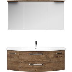 Badmöbel-Set SAPHIR "Serie 4010 2-teilig Keramik-Waschtisch mit LED-Spiegelschrank", braun (eiche ribbeck quer nachbildung), B:144cm H:200cm T:49,5cm, Spanplatte, Kastenmöbel-Sets, Badezimmer Set 144 cm breit, inkl. Türdämpfer, 5 Türen, 2 Schubladen