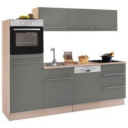 Küche OPTIFIT "Bern", grün (küche: grau, akazie, front: basaltgrau, korpus: akaziefarben, arbeitsplatte: akaziefarben), B:240cm T:60cm, Komplettküchen-Sets, Breite 240 cm, mit E-Geräten, Stärke der Arbeitsplatte wählbar