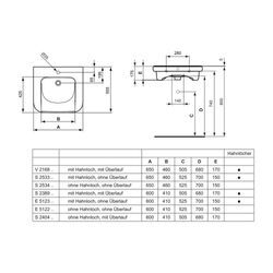 Ideal Standard Waschtisch Contour 21, 1 Hahnloch, mit Überlauf unterfahrbar, 600x555x175mm, Weiß S238901