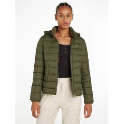 Steppjacke TOMMY JEANS "TJW BASIC HOODED JACKET", Damen, Gr. L (40), grün (fatigue grün), Web, Obermaterial: 100% Polyester, unifarben, casual, regular fit, Jacken, mit Kapuze