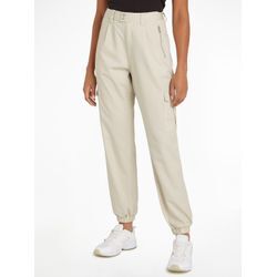 Cargohose TOMMY JEANS "TJW STRETCH MR CARGO PANT", Damen, Gr. 28, Länge 30, beige (newsprint), Web, Obermaterial: 56% Lyocell, 44% Baumwolle, unifarben, casual, Hosen, im modischem Cargo-Form