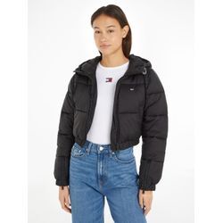 Steppjacke TOMMY JEANS "TJW CRP HOODED PUFFER", Damen, Gr. L (40), schwarz, Web, Obermaterial: 100% Polyamid, unifarben, casual, regular fit, Langarm mit Reißverschluss, Jacken, mit Kapuze