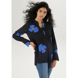 Longbluse ANISTON SELECTED Gr. 36, schwarz (schwarz, royalblau, orange) Damen Blusen mit Blüten bedruckt - Jedes Teil ein Unikat