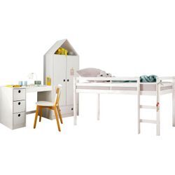 Jugendzimmer-Set LÜTTENHÜTT "Alpi" Schlafzimmermöbel-Sets weiß Baby Hochbett, Schreibtisch und Kleiderschrank in Hausoptik, platzsparend