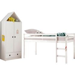 Jugendzimmer-Set LÜTTENHÜTT "Alpi" Schlafzimmermöbel-Sets weiß Baby Hochbett und Kleiderschrank in Hausoptik, perfekt für kleine Räume