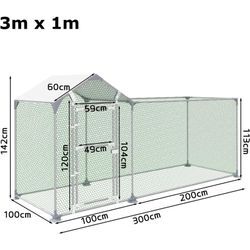 Hengmei - Freilaufgehege Hühnerstall 3x1x1,4m Freigehege Hühnerhaus Hühnergehege Voliere Hühner Gehege Hühner Geflügelstall Verzinkter Stahlrahmen