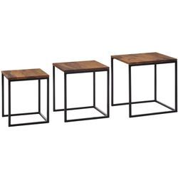 Satztisch 3er Set Sheesham Massivholz / Metall Beistelltisch Eckig Modern, Design Couchtisch 3-teilig, Wohnzimmertisch Platzsparend, Holztisch