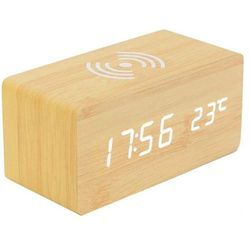 Sjqka - Digitaler Thermometer-Wecker, Holz-Digitalwecker, LED-Digital-Holzwecker mit kabellosem Ladegerät, Holzwecker mit Induktionsladegerät,