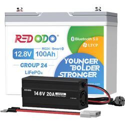 Redodo - 12V 100Ah Lithium Batterie LiFePO4 Akku mit Bluetooth und Low Temp Cut-Off+14,6V 20A Ladegerät für 12V Lithium Batterie LiFePO4