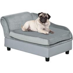 PawHut Haustiersofa mit Matte, Hundebett, Hundematte, Hundesofa mit Lagerraum, Naturholz+Plüsch, Hellgrau, 76 x 45 x 43 cm