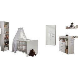 Babyzimmer-Komplettset BMG MÖBEL "Lea", weiß, Mit Umbauseiten-Set + ohne Matratze, Schlafzimmermöbel-Sets, Bett + Wickelkommode + 3-trg. Schrank + Standregal + Wandboard