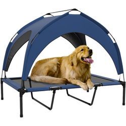 Pawhut - Erhöhtes Hundebett mit Baldachin, Haustierbett, Outdoor Hundeliege mit Dach, Atmungsaktiv, für große Hunde Dunkelblau Oxford 106 x 76 x 94 cm