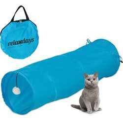 Katzentunnel faltbar, Katzenröhre mit Spielzeug, interaktiver Katzen Spieltunnel, BxD: ca. 90 x 25 cm, Blau - Relaxdays