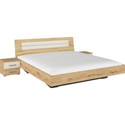 Bettanlage RAUCH "Doppelbett Futonbett BURANO in schwebender Optik", braun (eiche artisan, champagner), B:265cm H:82cm T:213cm, Holzwerkstoff, Schlafzimmermöbel-Sets, und abgesetztem Kopfteil mit 2 Nachttischen MADE IN GERMANY