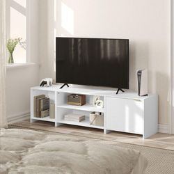 Tv Schrank, 3-in-1 TV-Halterung, Fernsehschrank für Fernseher bis zu 70 Zoll, mit 3 offenen Fächern 1 Tür, aus Holzwerkstoff, 160x45x39 cm, Weiß