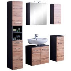 Badmöbel-Set WELLTIME "Avignon", braun (eichefarben, grafit), B:120cm H:200cm T:35cm, Holzwerkstoff, Kastenmöbel-Sets, mit 3D-Spiegelschrank mit LED-Aufsatzleuchte