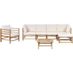 Beliani - Lounge Set 4-Teilig Hellbraun u. Cremeweiß Bambusholz 4-Sitzer Sofa mit Sessel Ottomane Couchtisch 13 Kissen Garten Terrasse Outdoor Möbel