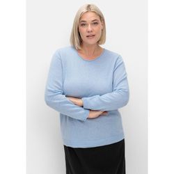 Rundhalspullover SHEEGO "Große Größen", Damen, Gr. 40/42, blau, Feinstrick, Obermaterial: 100% Kaschmir, unifarben, klassisch, figurumspielend normal, Rundhals, Langarm, Pullover, aus reinem Kaschmir, mit Rollkanten