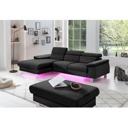 Ecksofa COTTA "Komaris L-Form", schwarz, B:244cm H:72cm T:166cm, Microfaser PRIMABELLE (100% Polyester), Kunstleder SOFTLUX(100%Polyurethan), Feinstruktur (100% Polyester), Kunstleder SOFTLUX/Struktur (100%Polyurethan, 90%Polyester, 10% Polyacryl), Sofas, mit Kopfteilverstellung, wahlweise Bettfunktion,Stauraum & Beleuchtung, Topseller