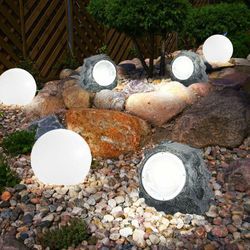 Solarlampen Gartendeko Lampen Steinoptik für Außen Garten led Terrassen Dekoration Kugel Solar, Kunststoff weiß grau, led 3000K, 6er Set