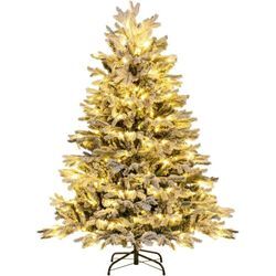 Künstlicher Weihnachtsbaum mit Schnee und Beleuchtung, 146 cm Tannenbaum mit 200 Warmweißen LED-Lichtern, 688 gemischten Zweigspitzen, Christbaum,