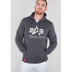 Kapuzensweatjacke ALPHA INDUSTRIES "BASIC ZIP HOODY", Herren, Gr. L, grau (grau, schwarz), angeraute Sweatware, Obermaterial: 80% Baumwolle, 20% Polyester, bedruckt, modisch, normal, Rundhals, Sweatjacken