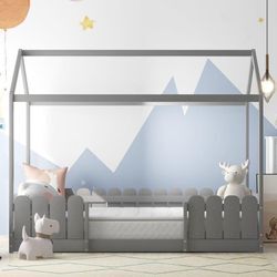 Okwish - Hausbett 90x200 cm - vielseitiges Holz Kinderbett für Jungen & Mädchen - Mit Rausfallschutz und Lattenrost – Grau (Ohne Matratze)