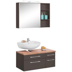 Badmöbel-Set WELLTIME "Davos", grau (graphit, grau), Siphonausschnitt links, Holzwerkstoff, Kastenmöbel-Sets, Spiegelschrank, Regal und Waschbeckenunterschrank