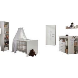 Babyzimmer-Komplettset BMG MÖBEL "Lea", weiß, Mit Umbauseiten-Set + Kaltschaummatratze, Schlafzimmermöbel-Sets, Bett + Wickelkommode + 3-trg. Schrank + Standregal + Wandboard