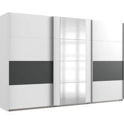 Schwebetürenschrank WIMEX "Barmbek Schlafzimmerschrank BESTSELLER Garderobenschrank", weiß (weiß, graphit, spiegel), B:313cm H:208cm T:64cm, Spanplatte, Schränke, Kleiderschrank mit 2 Stoffboxen und 2 zusätzlichen Böden, Spiegeltür