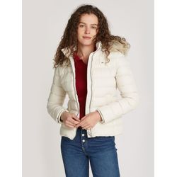 Steppjacke TOMMY JEANS "TJW BASIC HOODED DOWN JACKET EXT", Damen, Gr. L (40), beige (newsprint), Web, Obermaterial: 100% Polyester. Futter: 100% Polyester. Wattierung: 70% Daunen, 30% Federn, unifarben, casual, regular fit hüftlang, Jacken, mit Logostickerei, Topseller