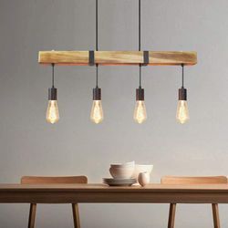 Vintage Pendelleuchte Holz Esstischlampe Retro Hängeleuchte mit 80CM Holzbalken 4 x E27 max. 25 Watt Hängelampe Industrial Pendellampe für Esszimmer