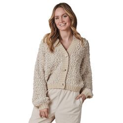 Strickpullover ZHRILL "GLORIA", Damen, Gr. M/L, beige (fog), Strick, Bouclu00e9, Obermaterial: 86% Polyester, 12% Polyacryl, 2% Polyamid, Strukturmuster, casual, regular fit taillenbedeckt, V-Ausschnitt, Langarm Rippbündchen, Pullover, mit Bouclé-Struktur