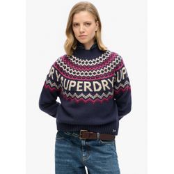 Strickpullover SUPERDRY "FAIRISLE BRANDED JUMPER", Damen, Gr. XS, blau (island navy multi), Strick, Obermaterial: 80% Polyacryl, 20% Wolle, gemustert, casual, relaxed fit, Rundhals, Langarm, Pullover