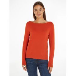 Strickpullover TOMMY HILFIGER "CO JERSEY STITCH BOAT-NK SWEATER", Damen, Gr. XL (42), rot (terra rot), Strick, Obermaterial: 67% Baumwolle, 33% Polyamid, unifarben, casual, Basic hüftlang, U-Boot-Ausschnitt, Pullover, mit Tommy Hilfiger Logo-Flag am Ärmel